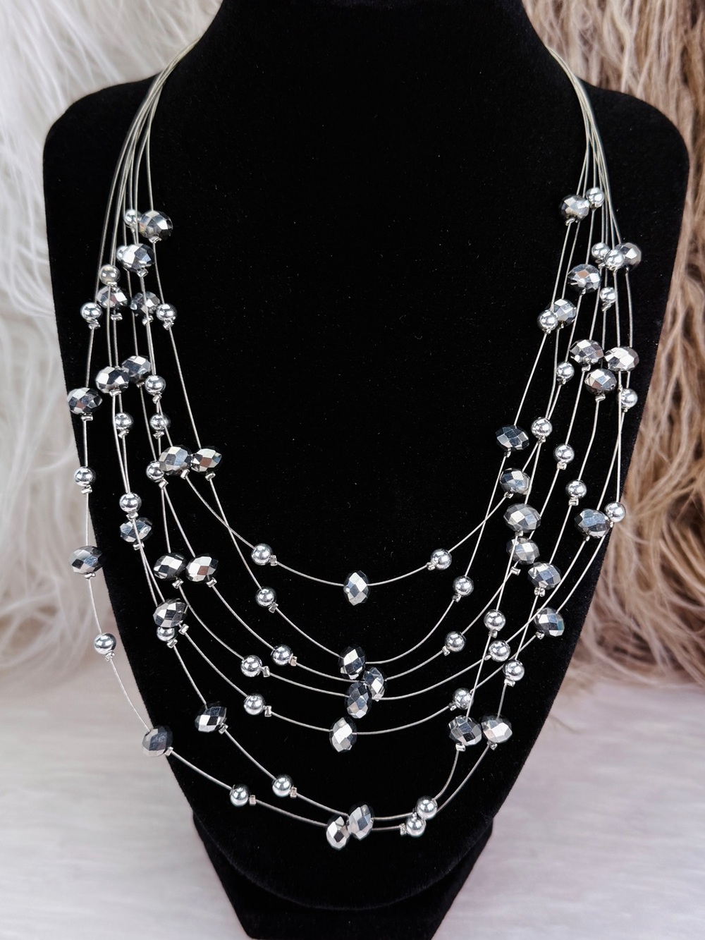 Multi Strand Silver Tone Floating Bead Statement Necklace